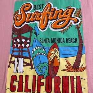 Romwe Santa Monica Beach Best Surfing In California Pink Womens T-Shirt Large